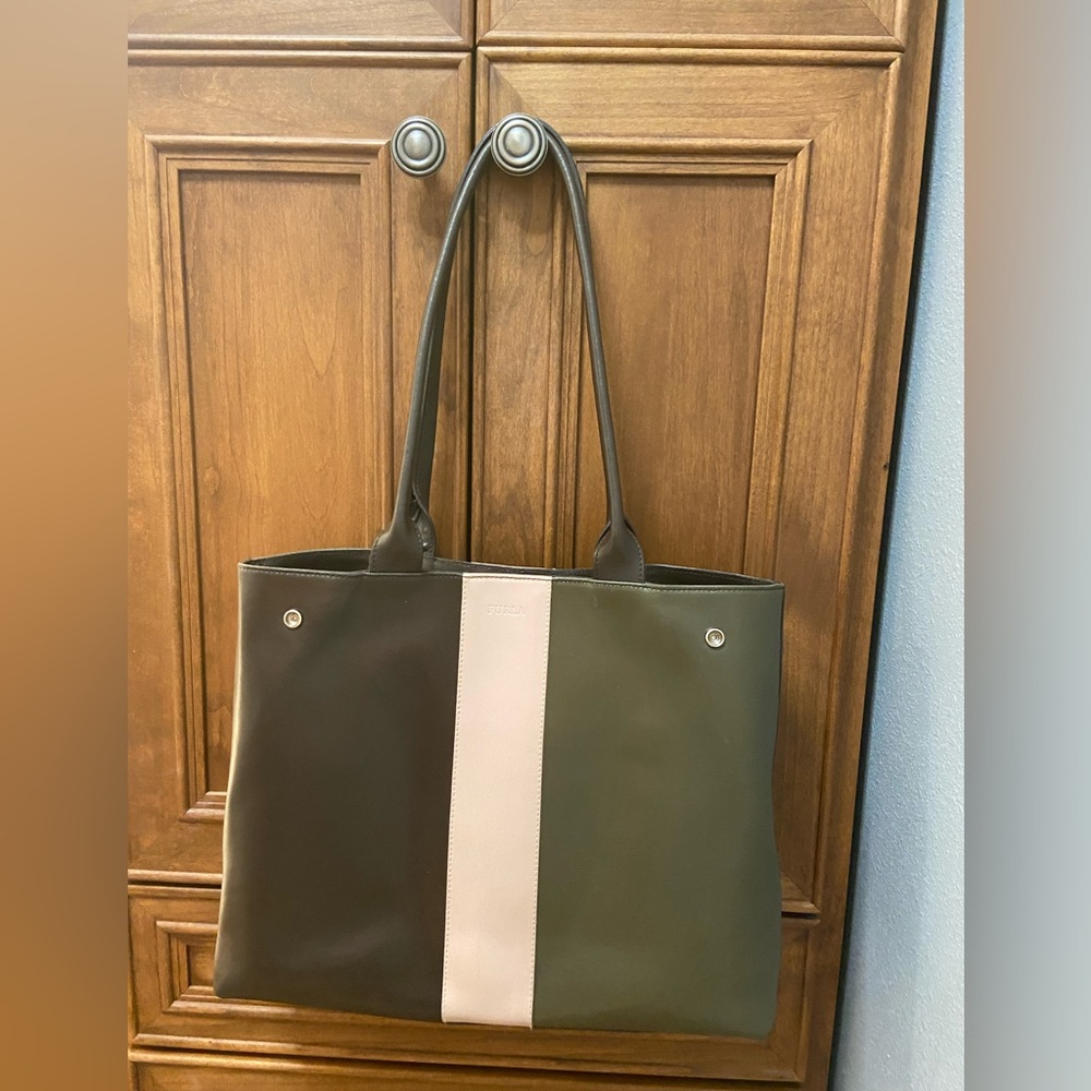 Furla Olive Green and Cream Vertical Stripe Leather Tote